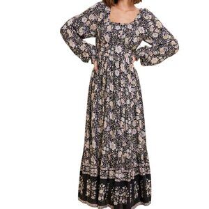 Bohemian Long Balloon Sleeve Floral Midi Maxi Dress Size M
